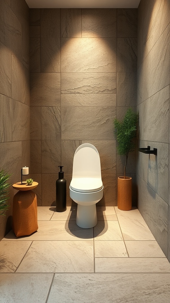 A modern bathroom featuring textured stone tiles, a round mirror, a stylish sink on a wooden stool, and a sleek shower area.