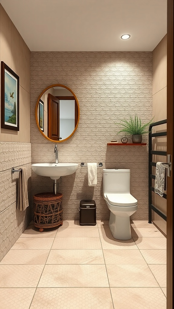 A modern bathroom featuring textured tiles on the floor and a stylish setup.