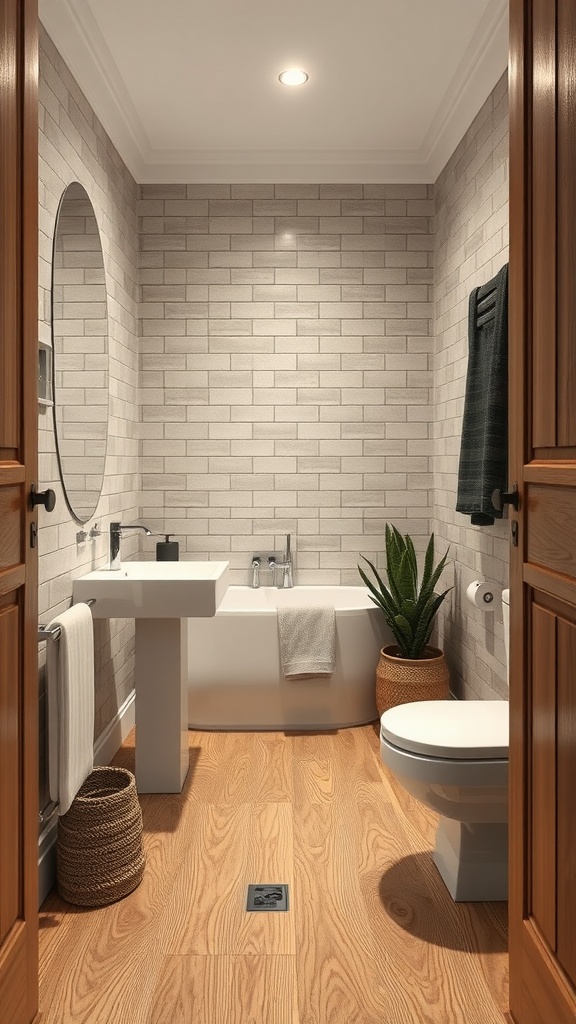 Small bathroom with timber-look tiles, a modern sink, and a tub with decorative elements.