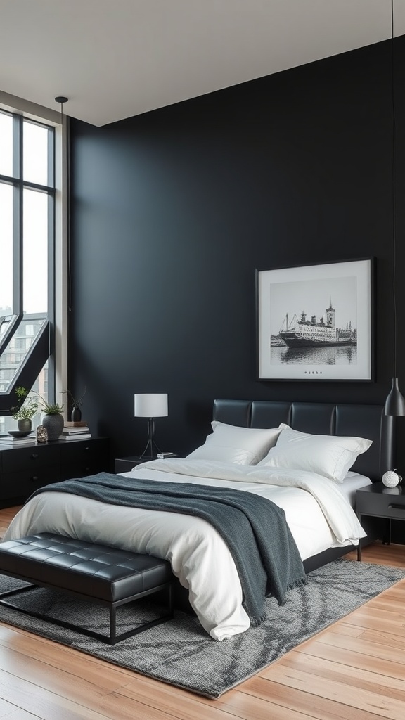 Modern bedroom featuring a black wall, large windows, and minimalist decor.