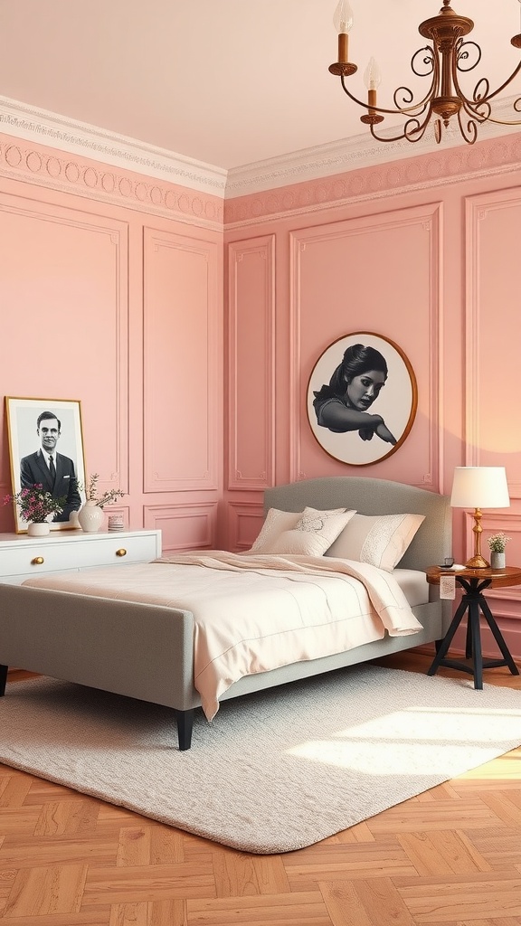 A stylish bedroom featuring blush pink walls, a cozy bed, and elegant decor.