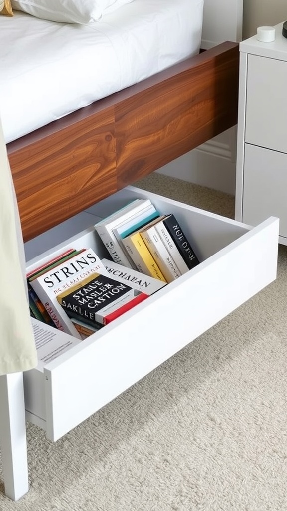 Image of a bed with under-bed bookshelf drawers storing books