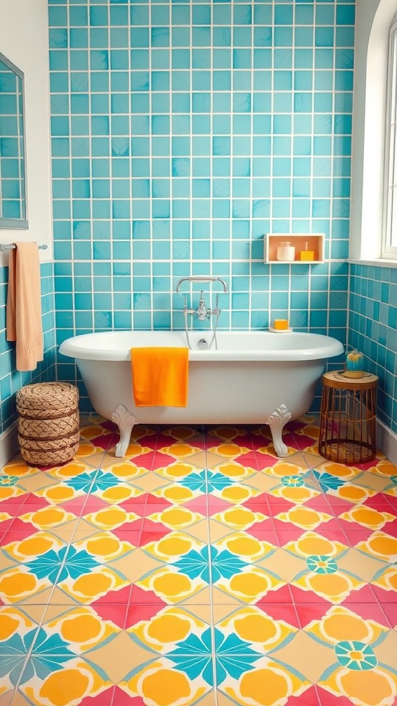 A vibrant bathroom with geometric patterned floor tiles and aqua blue wall tiles.