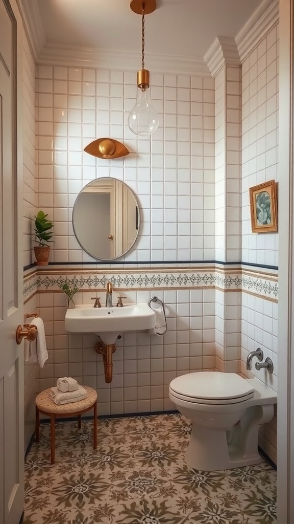 Bathroom featuring vintage-inspired patterned floor tiles with a modern sink and fixtures.