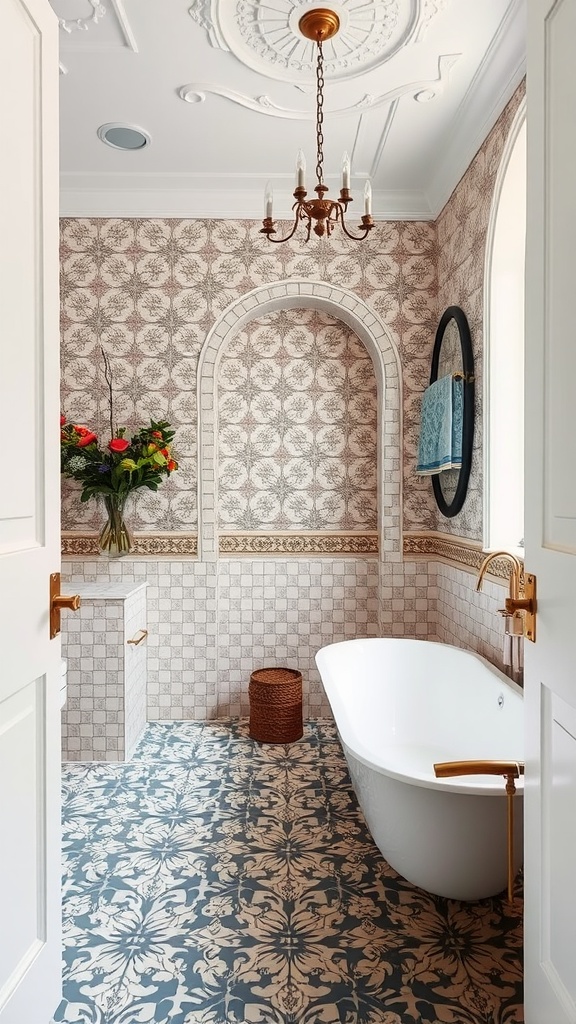 A vintage-style bathroom featuring patterned encaustic tiles on the floor, with white subway tiles on the walls, and modern fixtures.