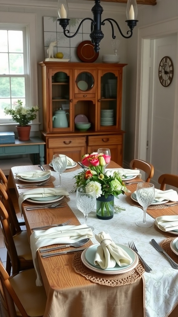 A cozy farmhouse dining room setup with a wooden table, elegant table settings, and a vintage hutch in the background.