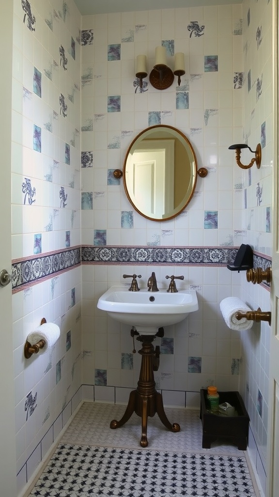 A vintage-inspired bathroom featuring patterned wall tiles, a round mirror, and classic fixtures.