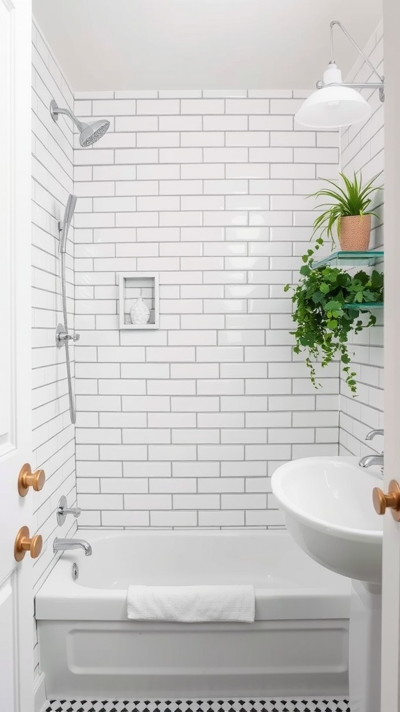 A small bathroom featuring vintage subway tiles in white, a sleek shower setup, and a decorative plant shelf.