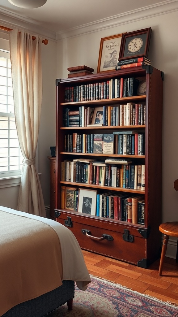 A vintage suitcase bookshelf in a cozy bedroom setting.