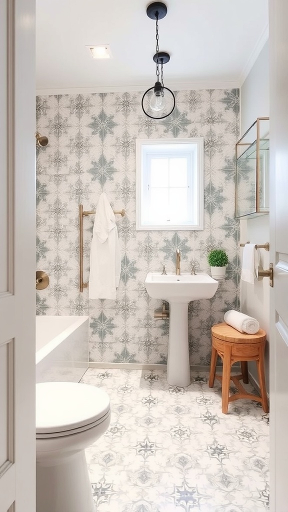 A small bathroom with patterned vinyl tiles, modern fixtures, and natural light.