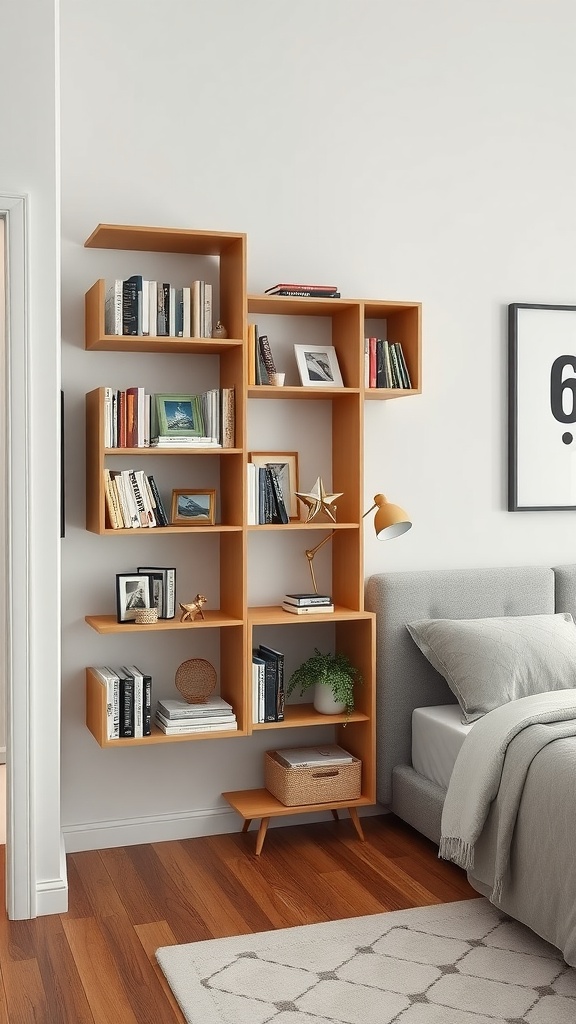 A modern wall-mounted modular shelving unit in a bedroom, showcasing books and decorative items.