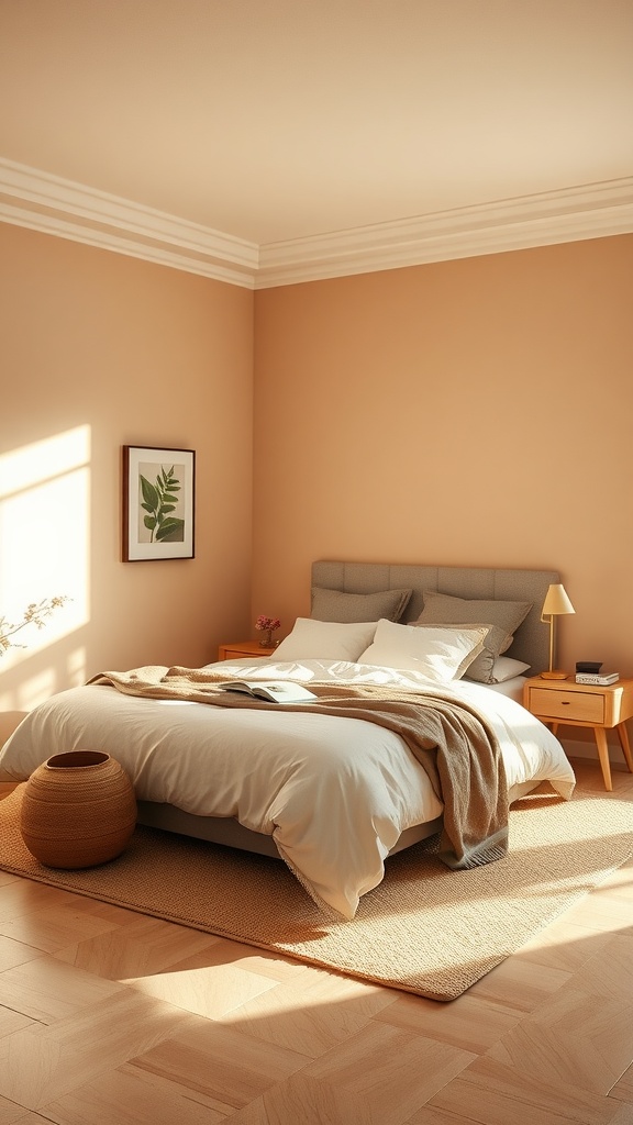 A minimalist bedroom featuring warm almond walls, a white bed, light wood furniture, and soft decor.