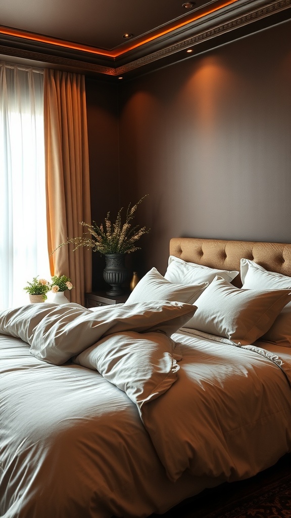 A cozy bedroom with warm chocolate walls, layered bedding in neutral tones, and modern lighting