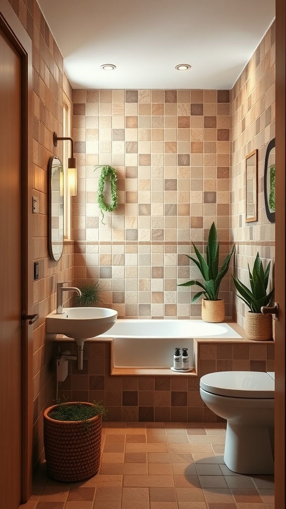 A cozy bathroom with warm brown tiles, plants, and natural lighting.