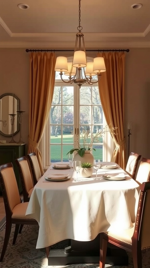 A cozy dining room with warm lighting, wooden furniture, and simple decor.