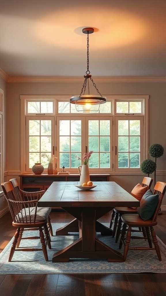 Cozy farmhouse dining room featuring a wooden table, pendant light, and large windows.