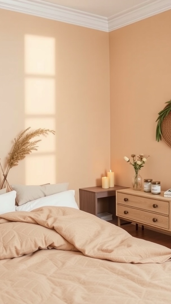 A cozy bedroom featuring warm peach walls, a neatly made bed with beige bedding, and natural decor elements.