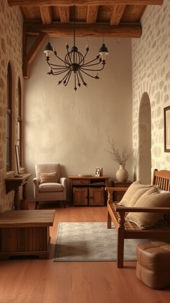 A rustic living space featuring warm stone walls and wooden furniture.