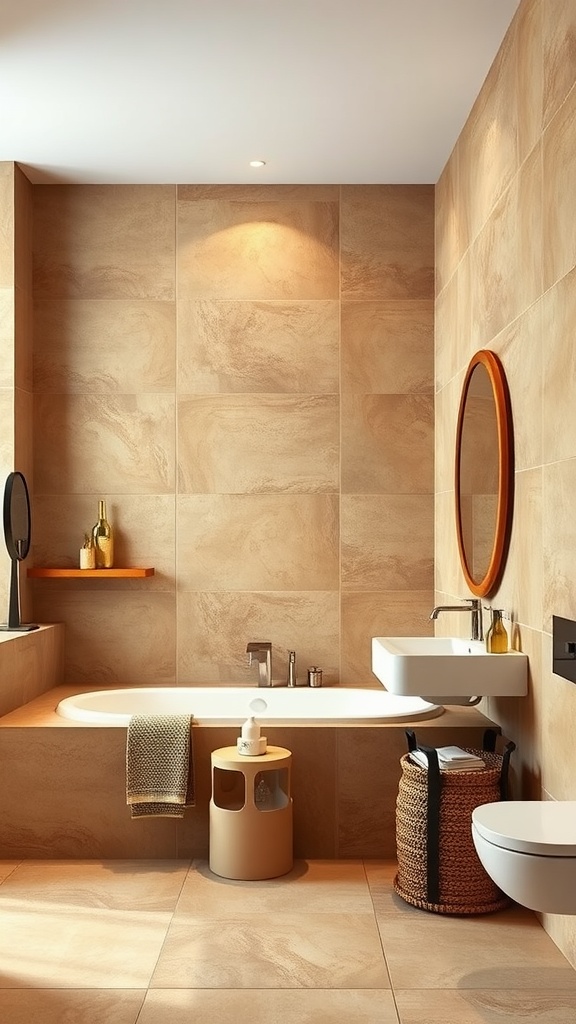 A bathroom featuring warm tan and beige tiles, a freestanding bathtub, and natural decor elements.