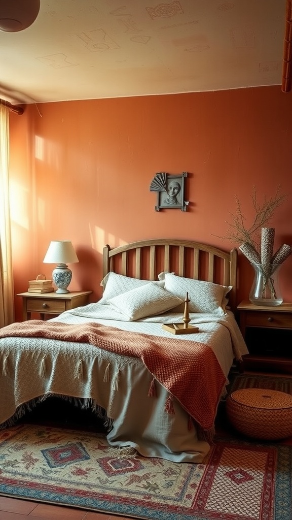 A cozy bedroom featuring warm terracotta walls, a wooden bed frame, a knitted blanket, and soft pillows