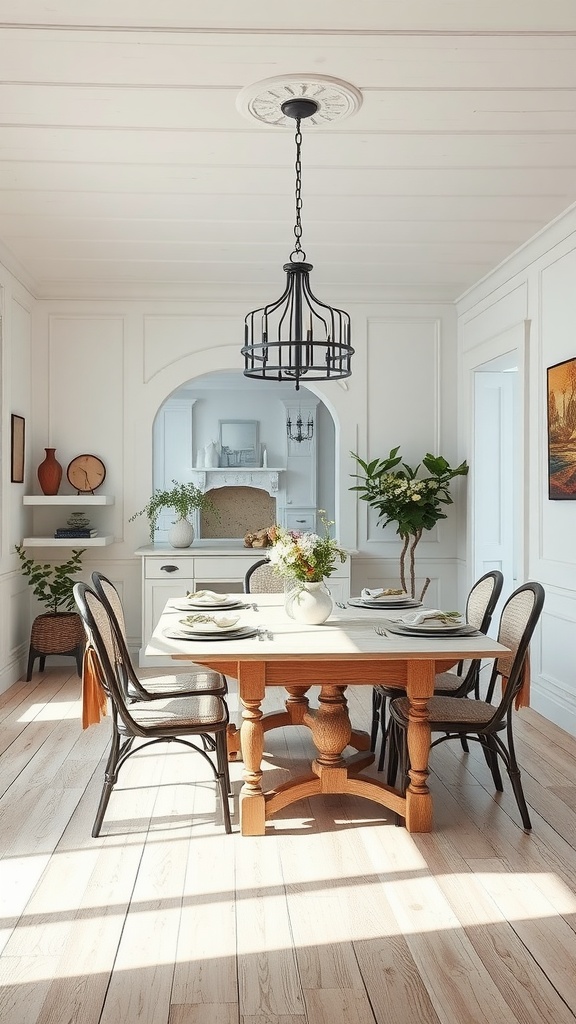 A cozy farmhouse dining room featuring whitewashed finishes, a wooden table, and dark chairs.