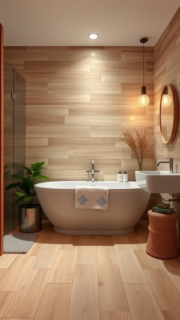 A luxury bathroom featuring wood-look porcelain tiles, a freestanding tub, and modern fixtures.