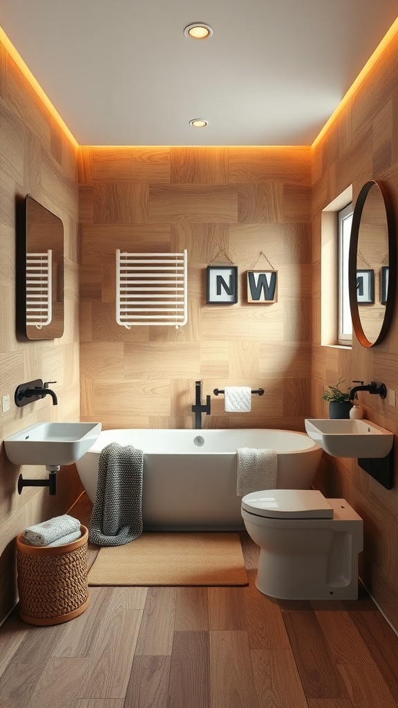 A modern bathroom featuring wood-look tiles, a freestanding bathtub, and minimalist fixtures.