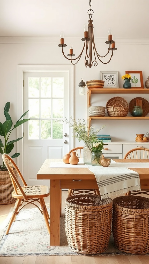 Cozy farmhouse dining room featuring woven baskets for storage next to a wooden dining table