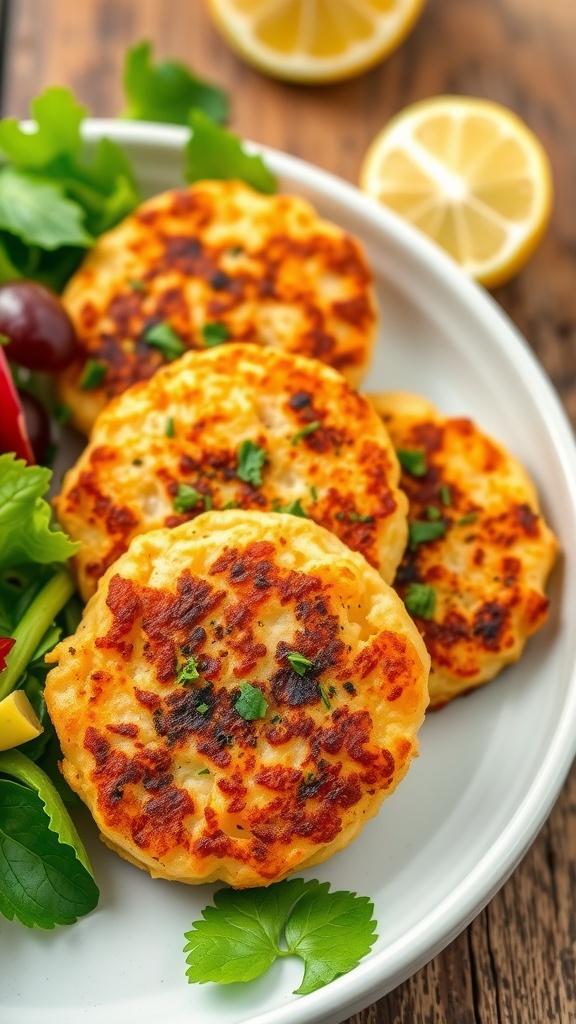 Succulent Fresh Salmon Patties Recipe Golden-brown salmon patties served with a green salad and a lemon wedge, showcasing a delicious meal.