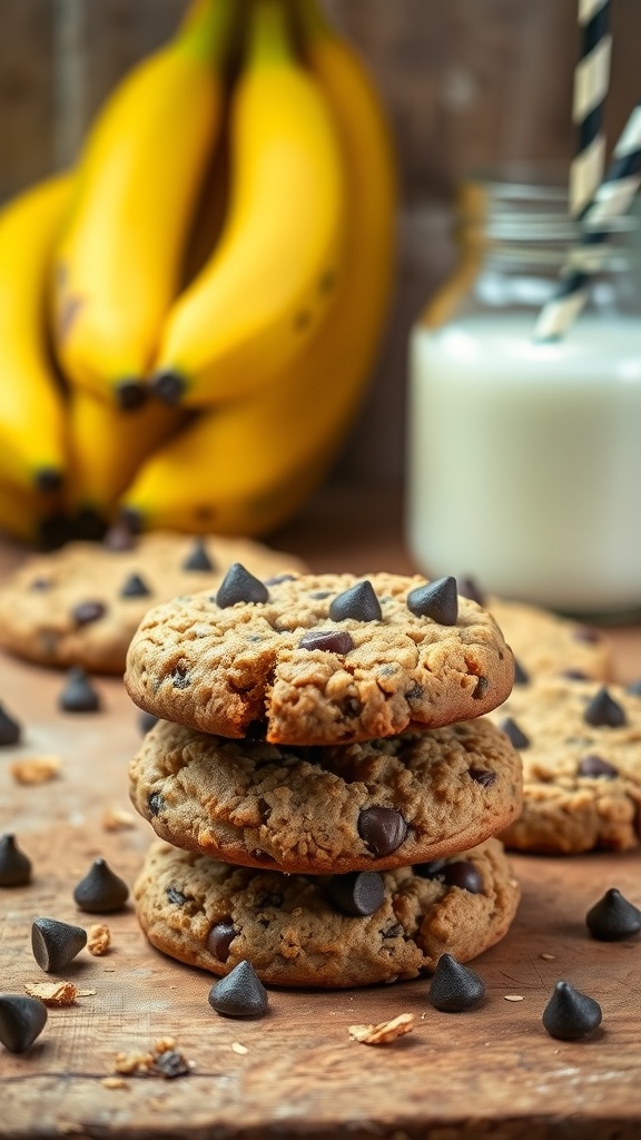 A stack of banana oatmeal chocolate chip cookies surrounded by bananas and chocolate chips.