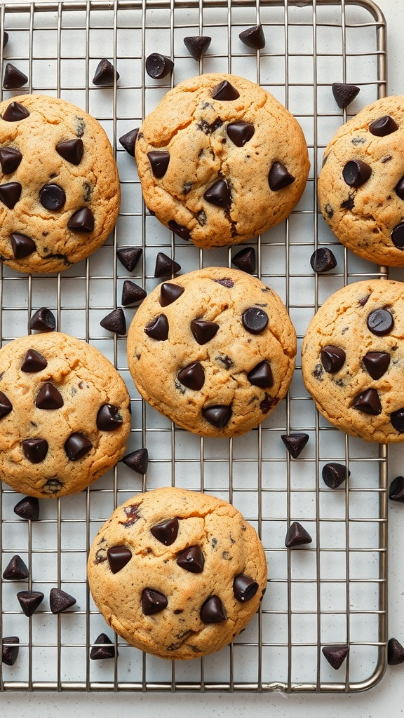 Freshly baked chocolate chip cookies on a cooling rack