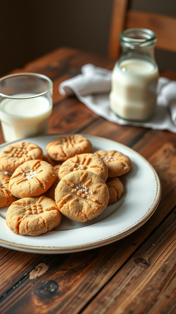 A plate of five-ingredient peanut butter cookies with a glass of milk in the background.