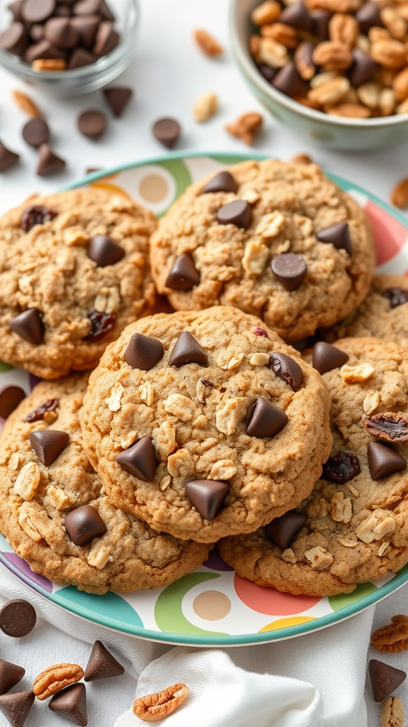 Delicious oatmeal raisin cookies with chocolate chips and pecans on a colorful plate.