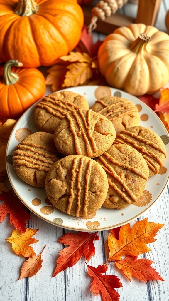 A plate of pumpkin spice cookies surrounded by autumn leaves and pumpkins.