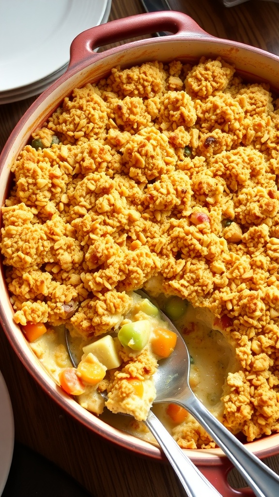 A wholesome chicken casserole with a crispy breadcrumb topping and colorful vegetables, served in a rustic dish on a wooden table.